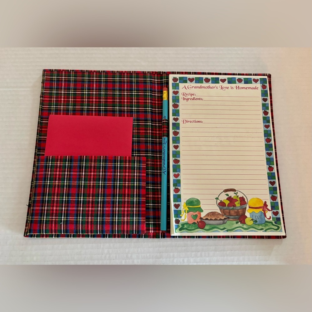 Vintage Recipe Organizer Gift for Grandma Plaid Folio Homemade Love w Pencil